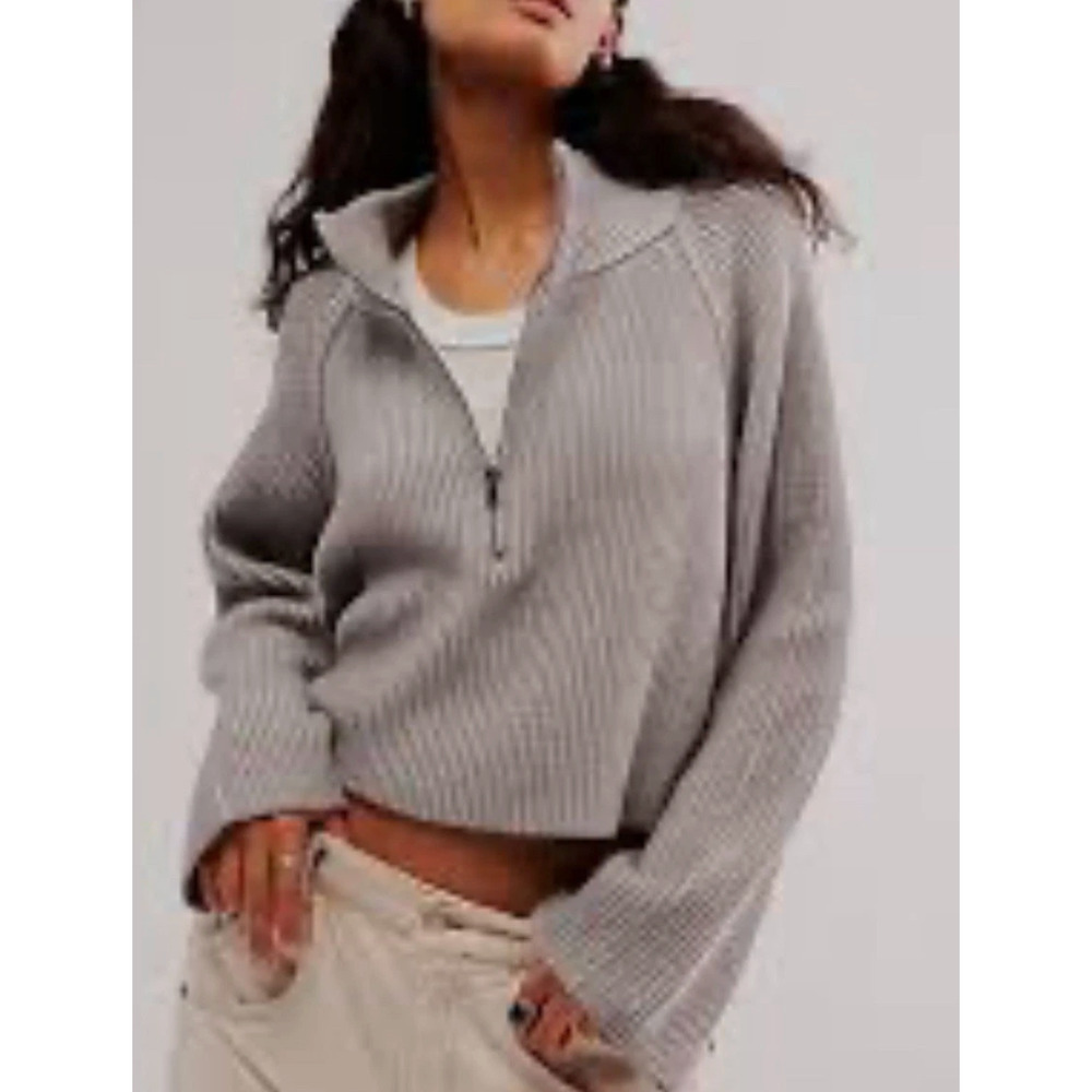 NEW FREE PEOPLE GREY WHITE GRETA HALF ZIP PULLOVER SWEATER SZ L